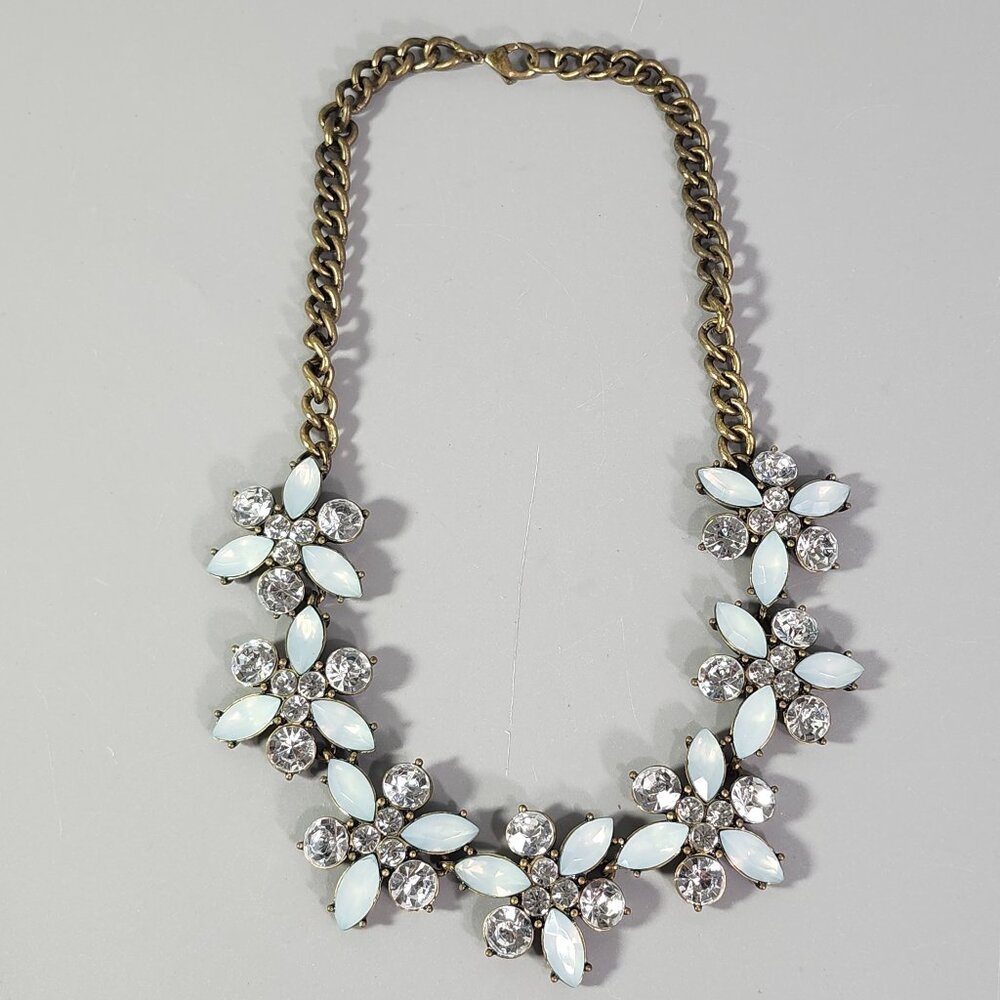 Collar Necklace Blue Clear Rhinestone Flowers Bronze Chain Statement Jewelry